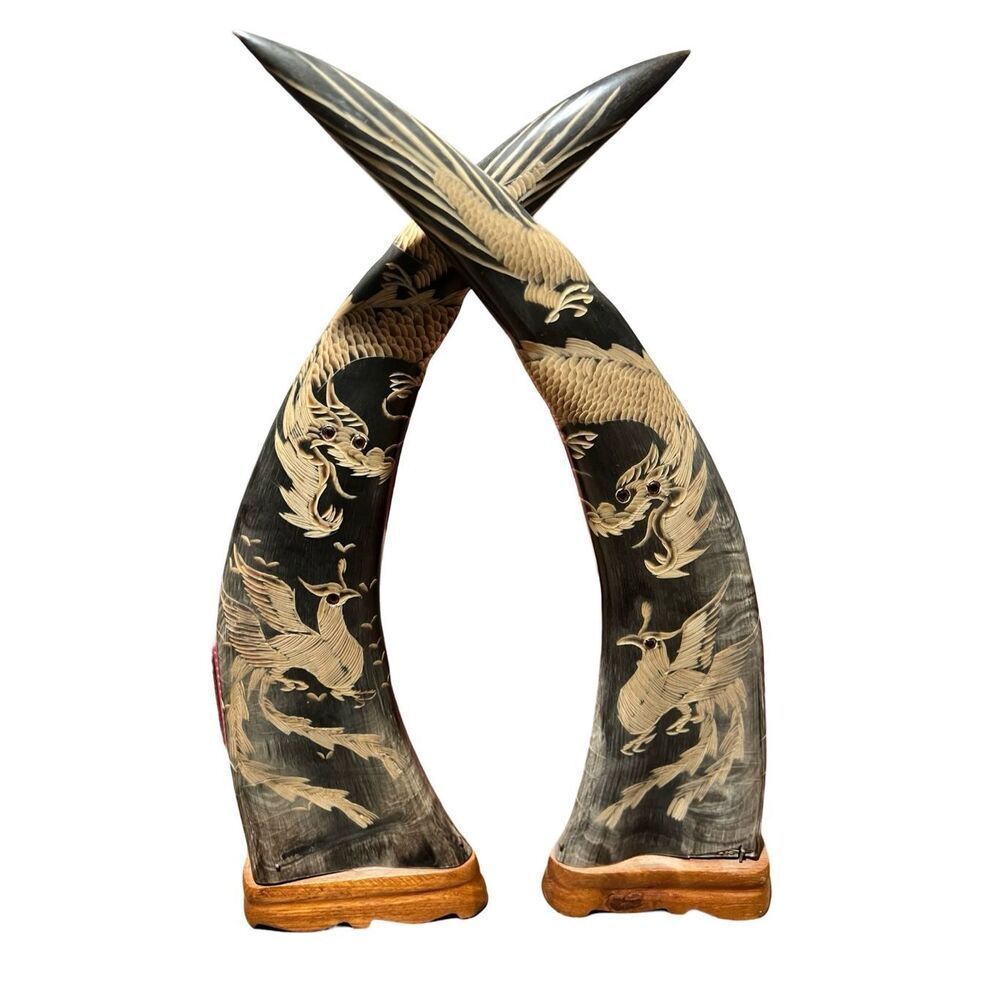 Pair of Hand Carved Decorated Water Buffalo Horns Asian Home Decor Vintage